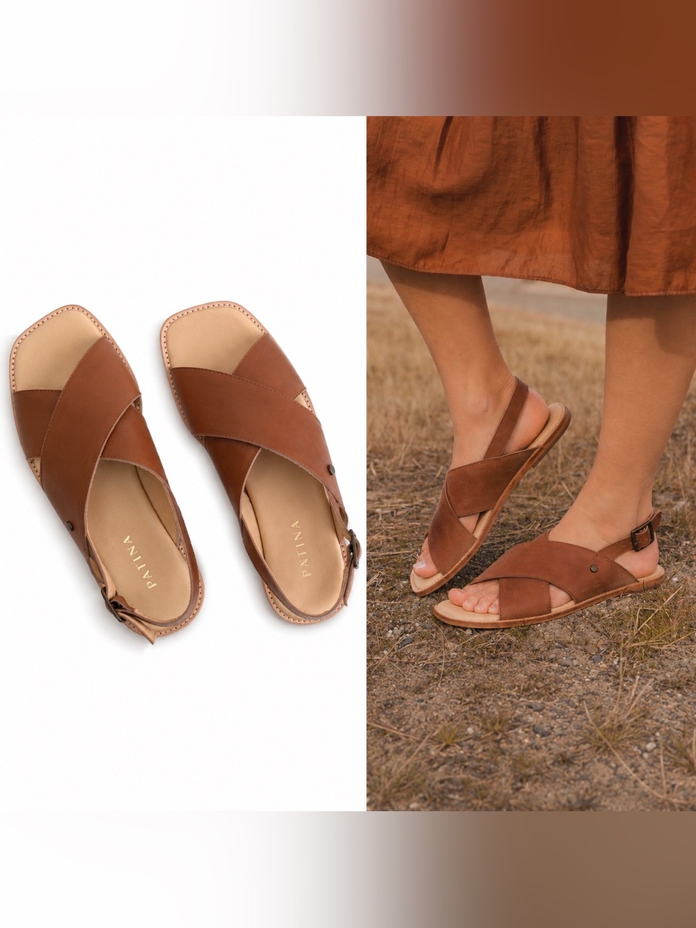 Patina Leather Criss Cross Strap Sandals Honey Brown Slingback Size 7.5 / 37.5